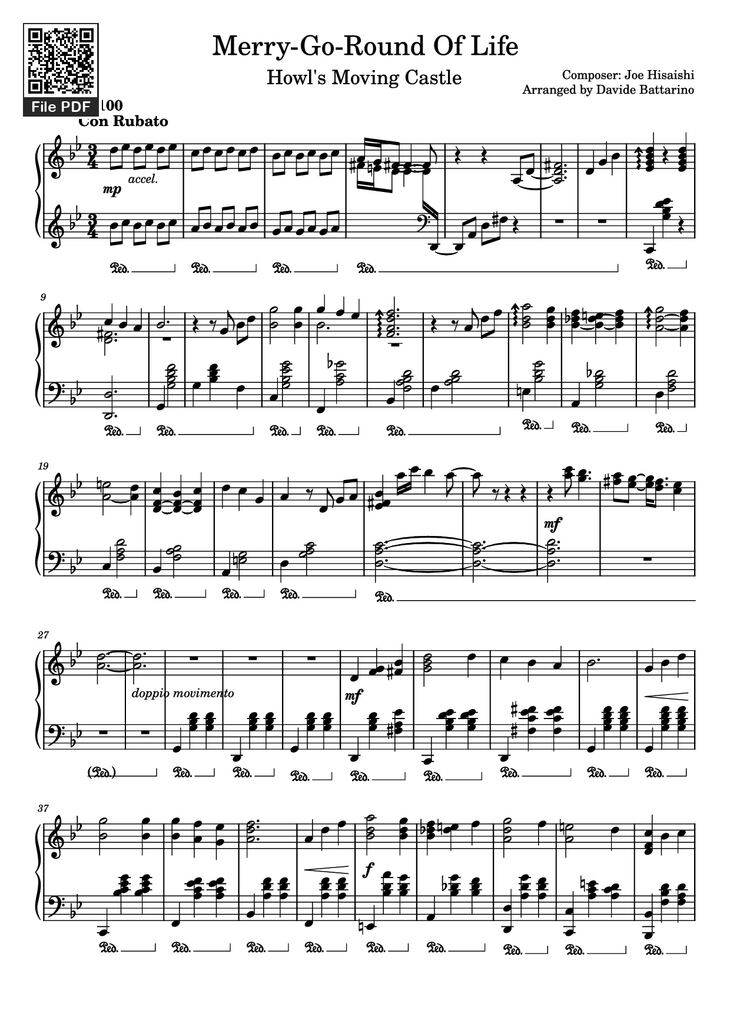 Page 1 of the piano sheet music PDF Piano - Merry-Go-Round Of Life Piano by Composer: Joe Hisaishi