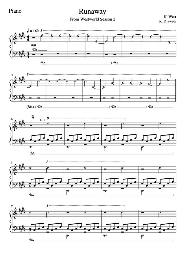 Page 1 of the piano sheet music PDF Piano - Runaway Piano by K. West