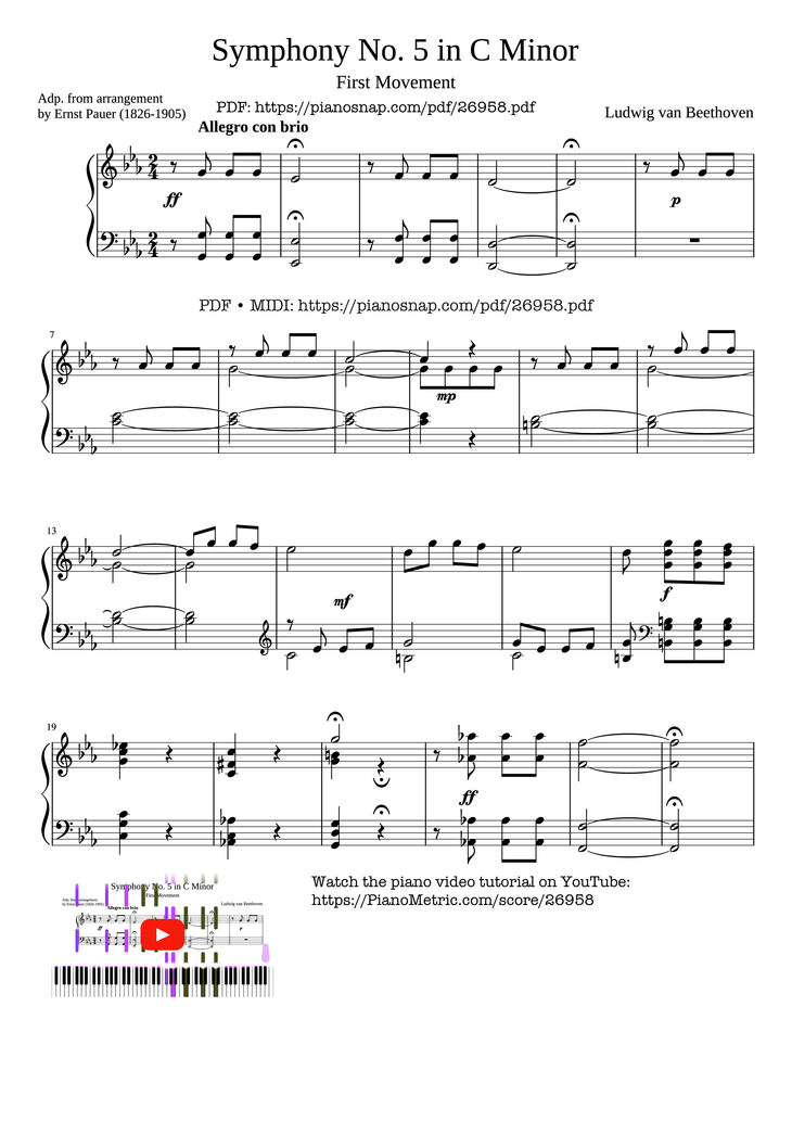 Page 1 of the piano sheet music PDF Piano - Beethoven Symphony No. 5 Piano solo by Ludwig van Beethoven