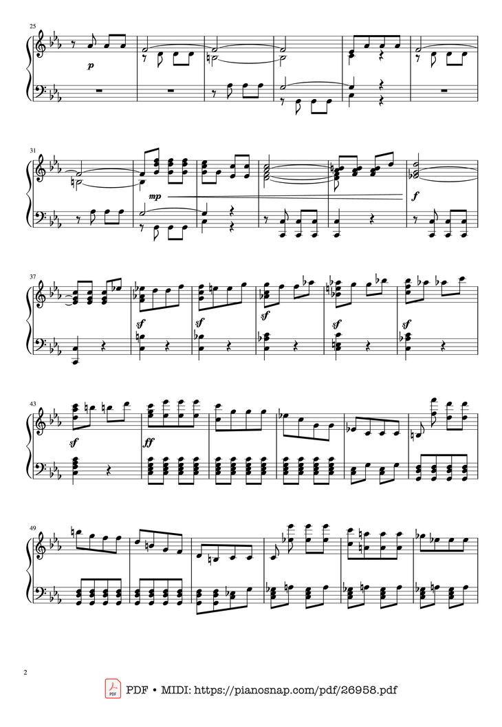 Page 2 of the piano sheet music PDF Piano - Beethoven Symphony No. 5 Piano solo by Ludwig van Beethoven