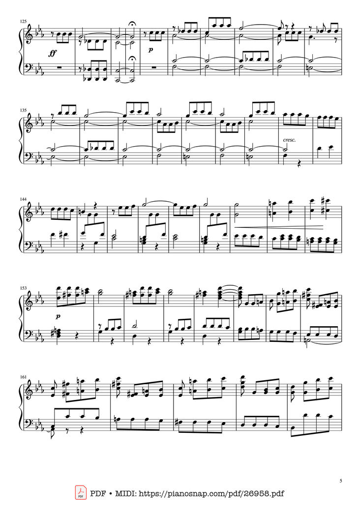 Page 5 of the piano sheet music PDF Piano - Beethoven Symphony No. 5 Piano solo by Ludwig van Beethoven