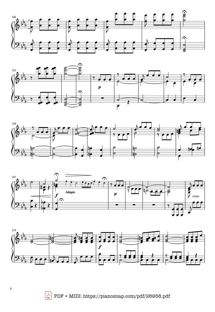 Page 8 of the piano sheet music PDF Piano - Beethoven Symphony No. 5 Piano solo by Ludwig van Beethoven