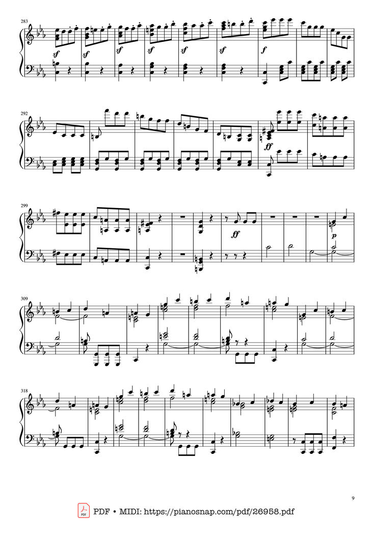 Page 9 of the piano sheet music PDF Piano - Beethoven Symphony No. 5 Piano solo by Ludwig van Beethoven