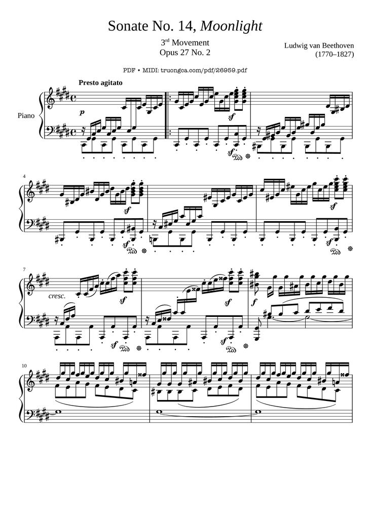 Page 1 of the piano sheet music PDF - Sonate No. 14, Moonlight, 3rd Movement by Ludwig van Beethoven