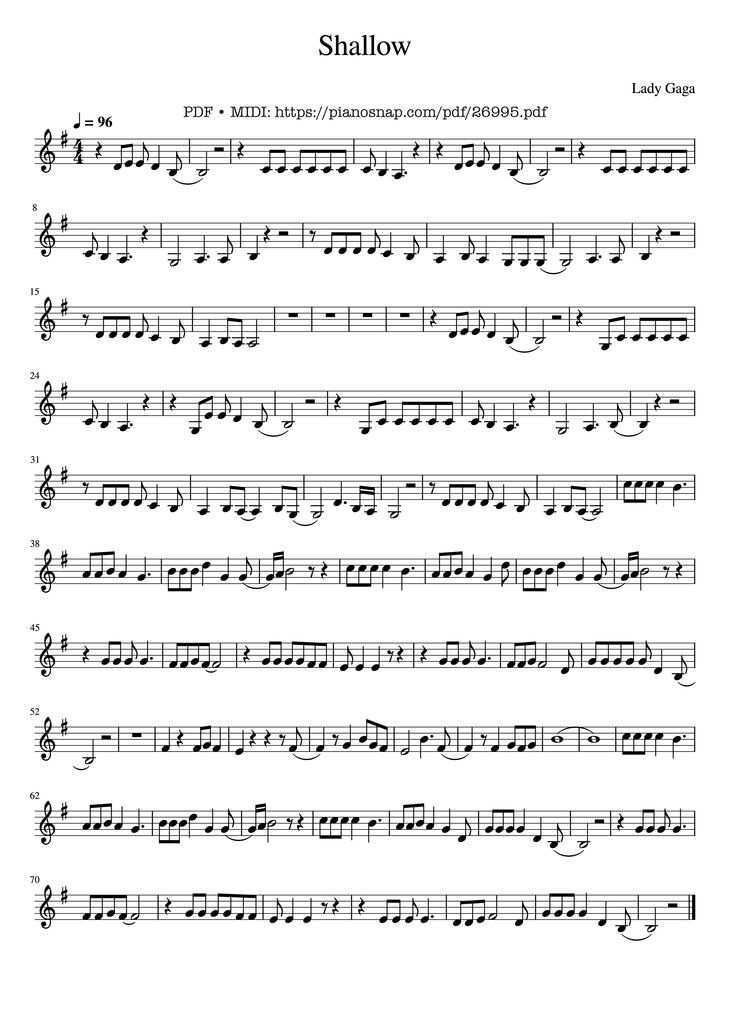 Page 1 of the piano sheet music PDF - Shallow Violin by Lady Gaga