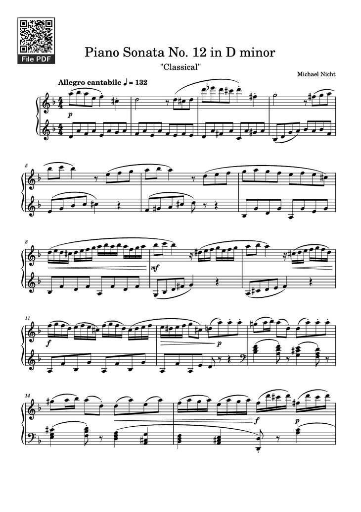 Page 1 of the piano sheet music PDF Piano - Piano Sonata No. 12 in D minor by Michael Nicht