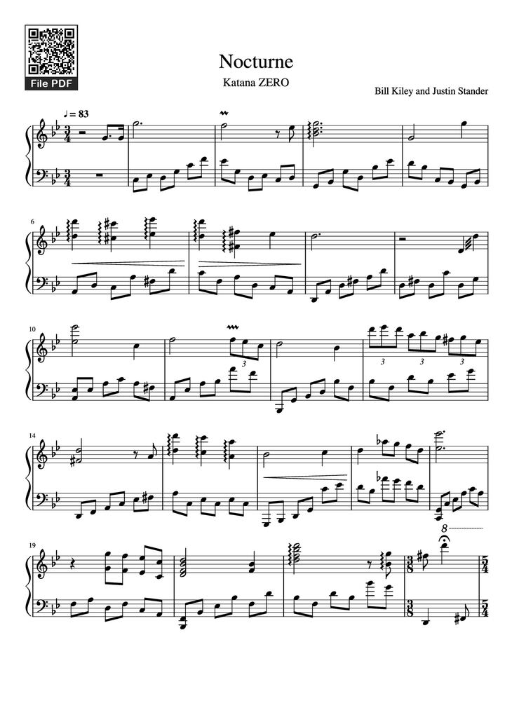 Page 1 of the piano sheet music PDF Piano - Nocturne Piano by Bill Kiley and Justin Stander