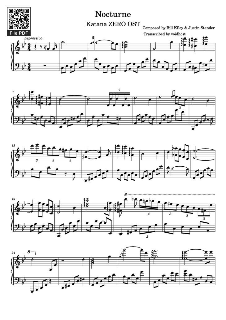 Page 1 of the piano sheet music PDF Piano - Nocturne Piano by Composed by Bill Kiley & Justin Stander
