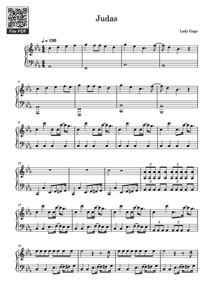Page 1 of the piano sheet music PDF Piano - Judas Piano by Lady Gaga