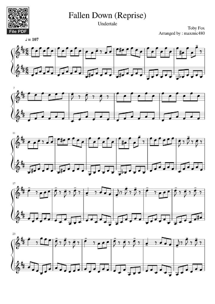 Page 1 of the piano sheet music PDF Piano - Fallen Down (Reprise) Piano by Toby Fox Arranged by : maxmic480
