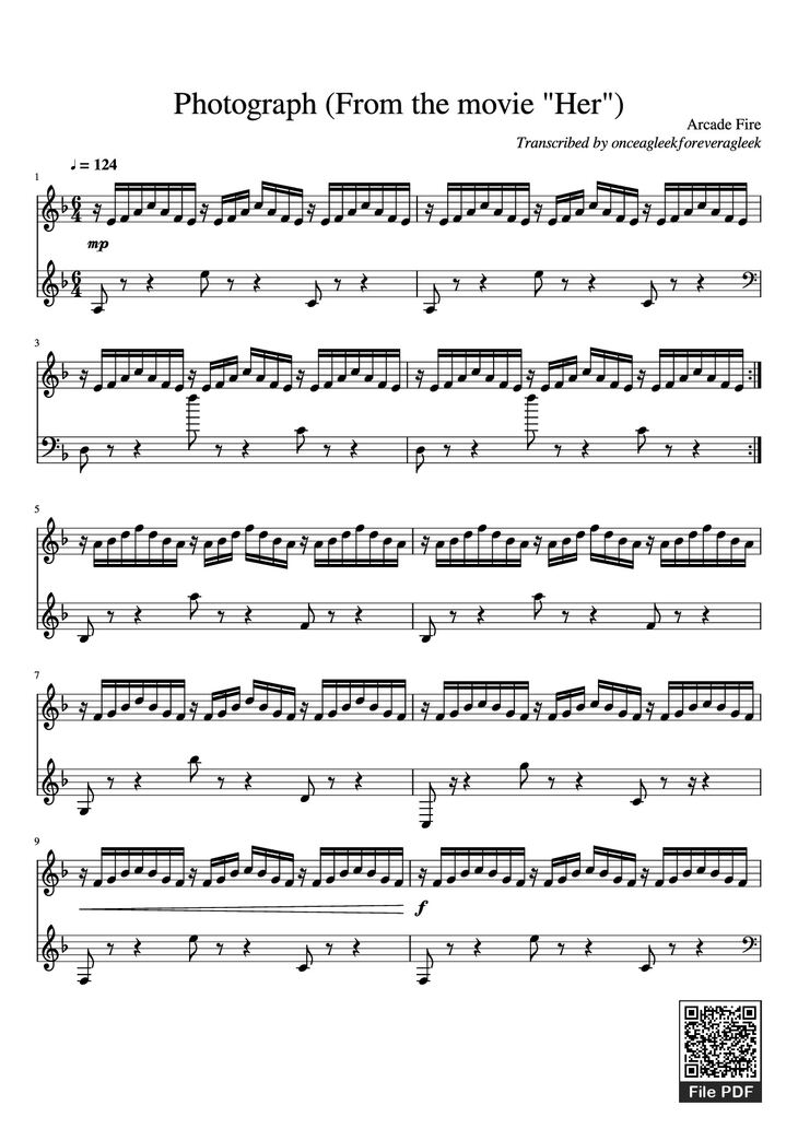 Page 1 of the piano sheet music PDF Piano - Photograph (From the movie Her) Piano by Arcade Fire Transcribed by onceagleekforeveragleek