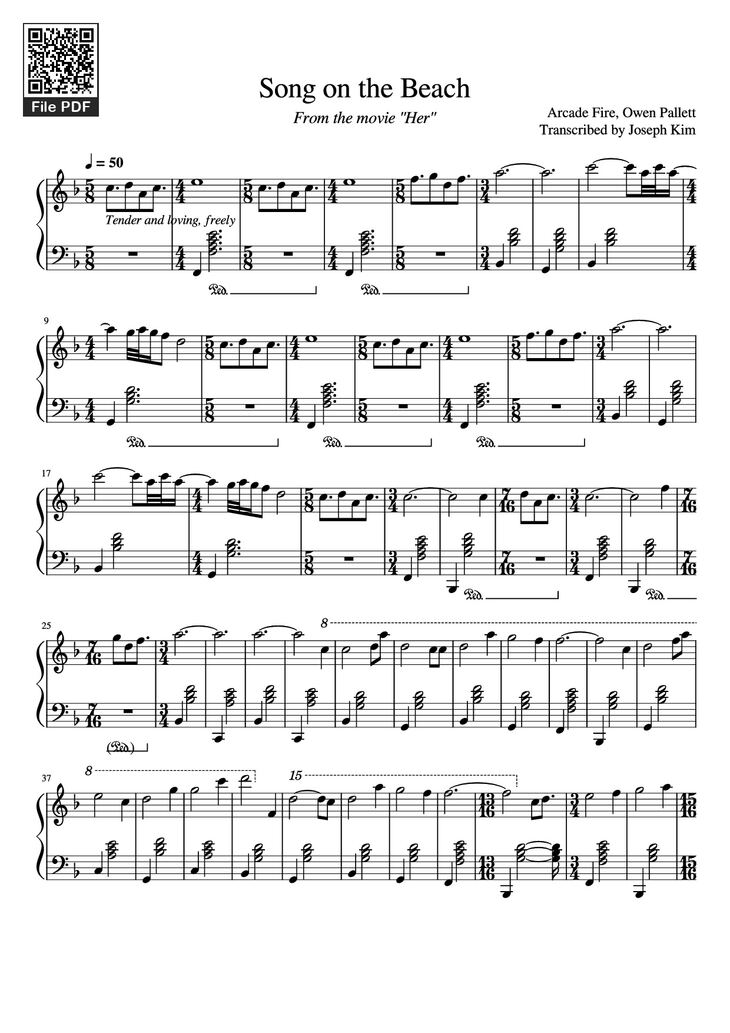 Page 1 of the piano sheet music PDF Piano - Song on the Beach Piano by Arcade Fire, Owen Pallett
