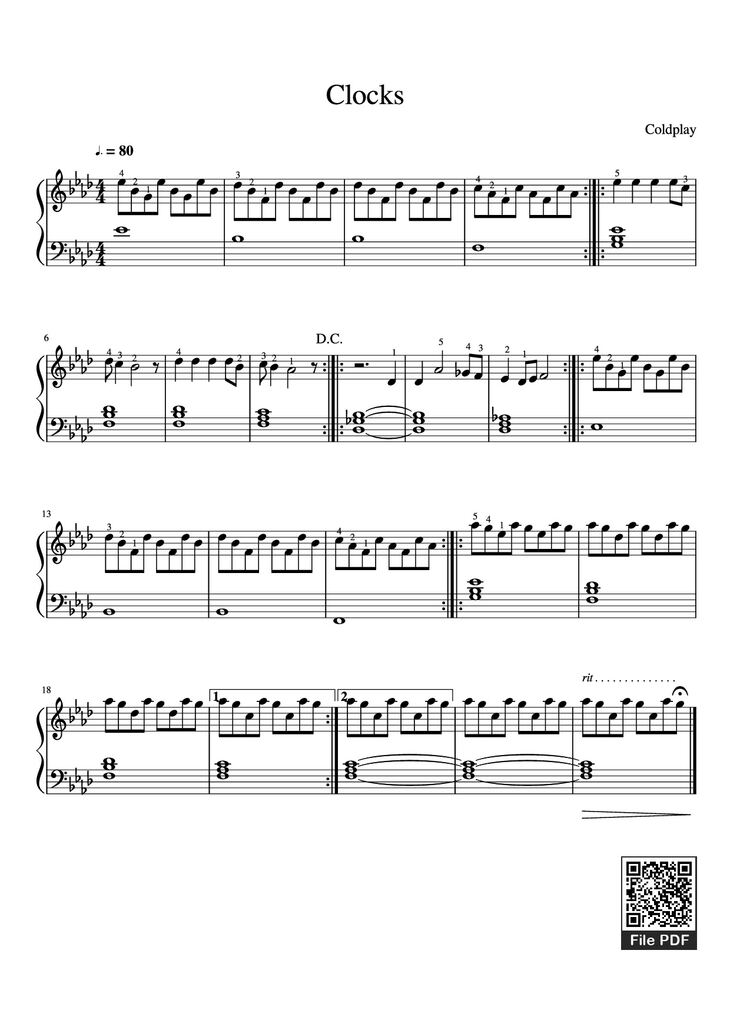 Page 1 of the piano sheet music PDF Piano - Clocks Piano by Coldplay