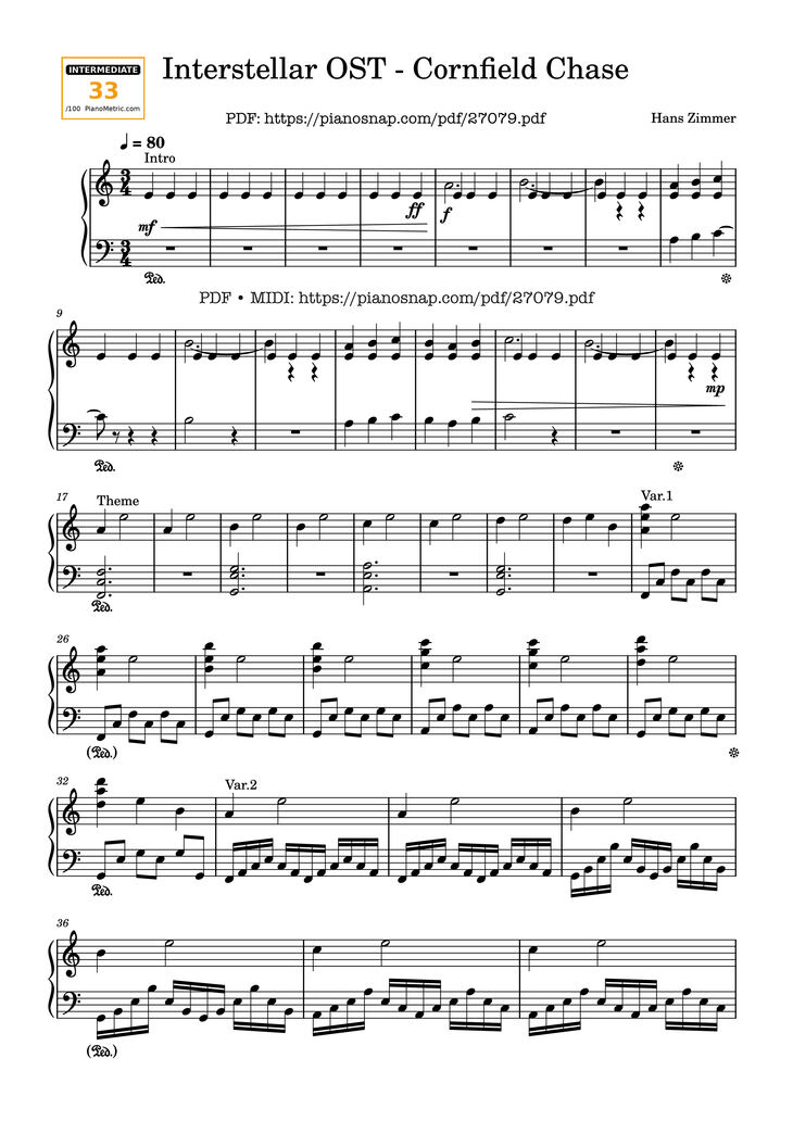 Page 1 of the piano sheet music PDF Piano - Interstellar OST - Cornfield Chase Piano by Hans Zimmer