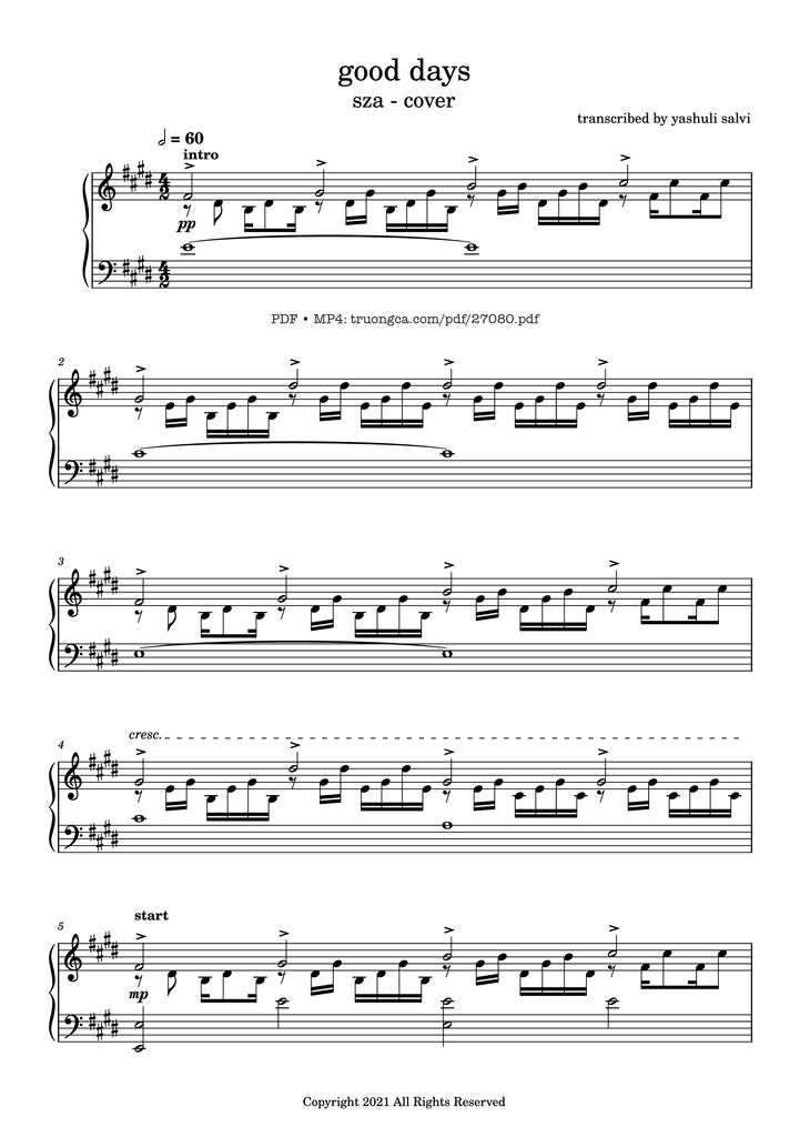 Page 1 of the piano sheet music PDF Piano - good days Piano by Sza - transcribed by yash salvi