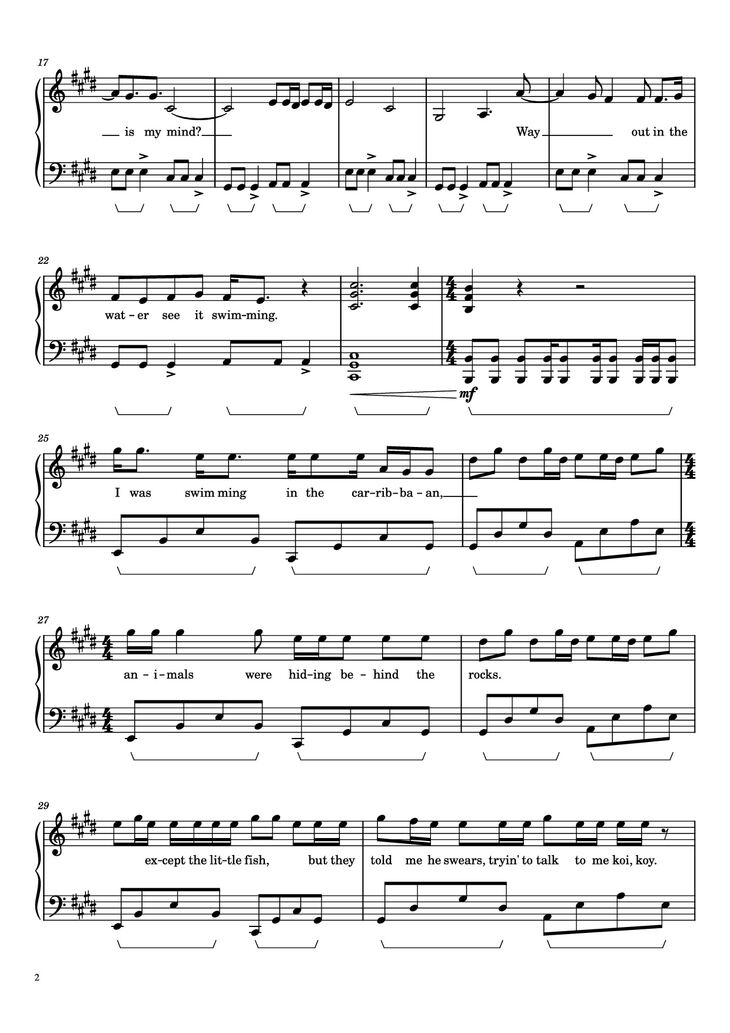 Page 2 of the piano sheet music PDF - Where Is My Mind? Piano by Pixies