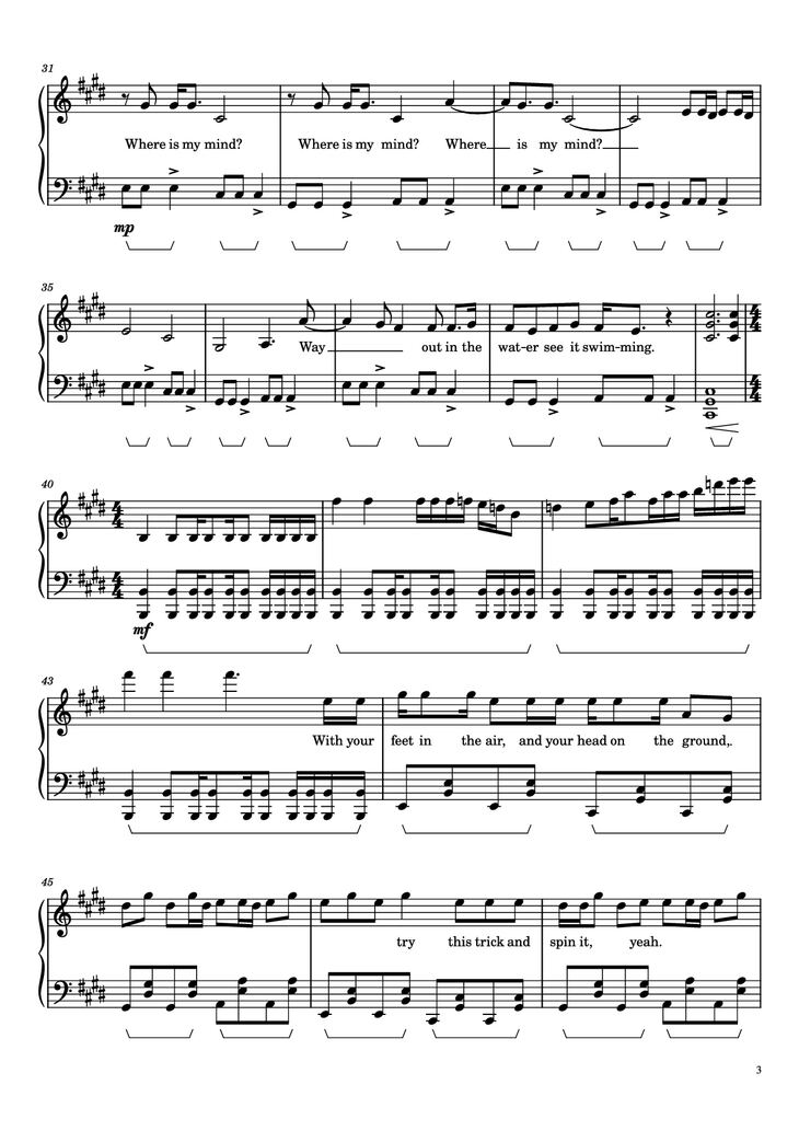 Page 3 of the piano sheet music PDF - Where Is My Mind? Piano by Pixies