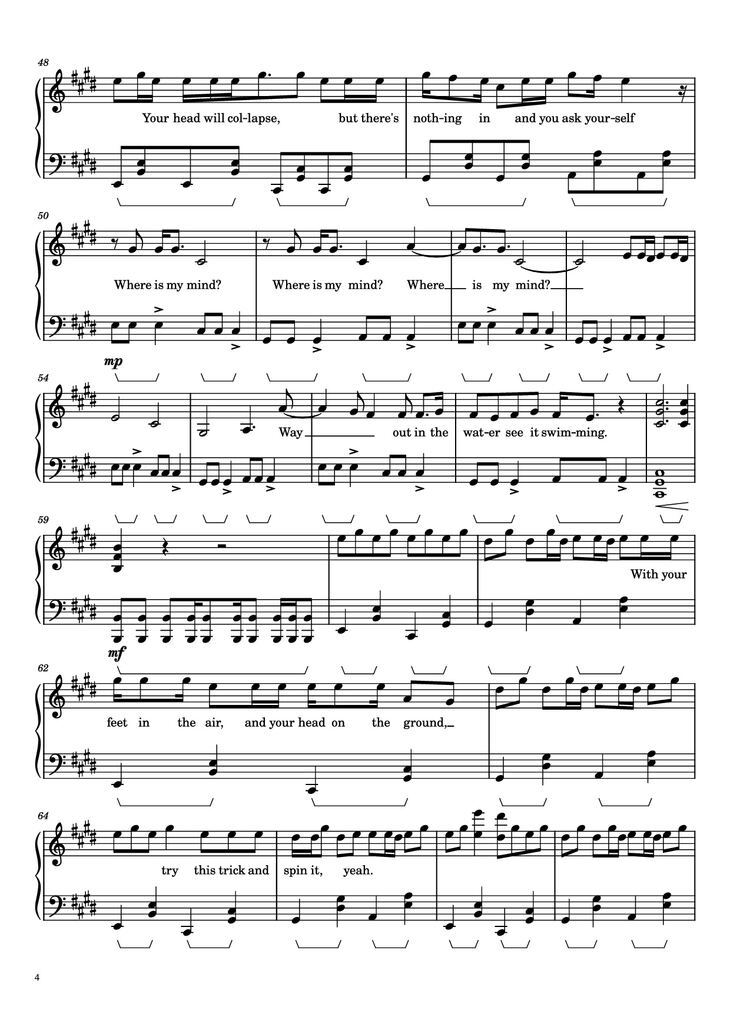 Page 4 of the piano sheet music PDF - Where Is My Mind? Piano by Pixies