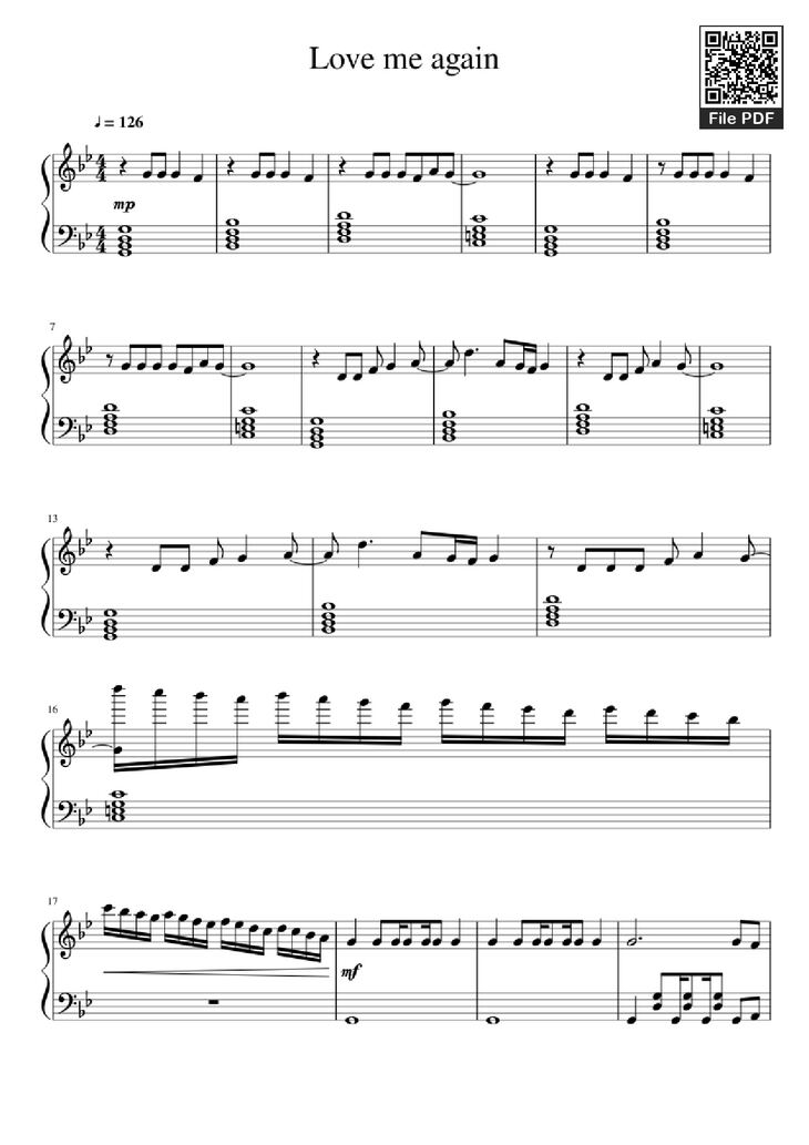 Page 1 of the piano sheet music PDF Piano - Love me again Piano by Undefined
