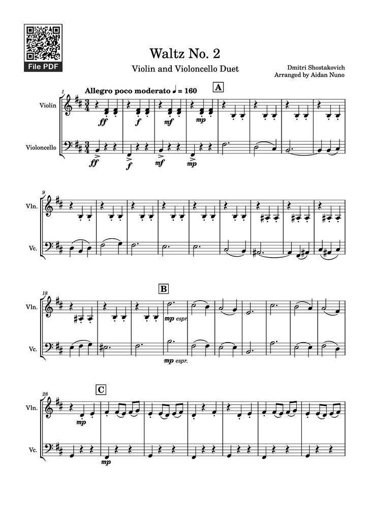 Page 1 of the piano sheet music PDF - Waltz No. 2 Violin by Dmitri Shostakovich