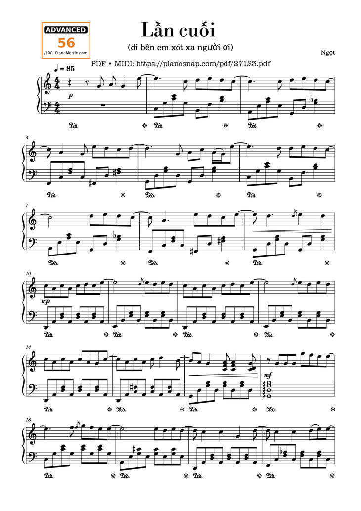 Page 1 of the piano sheet music PDF Piano - Lần cuối Piano by Ngọt