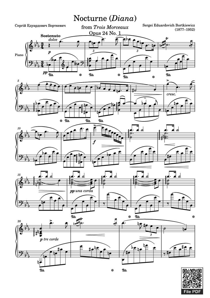Page 1 of the piano sheet music PDF Piano - Nocturne (Diana) Opus 24 No. 1 by Sergei Eduardovich Bortkiewicz