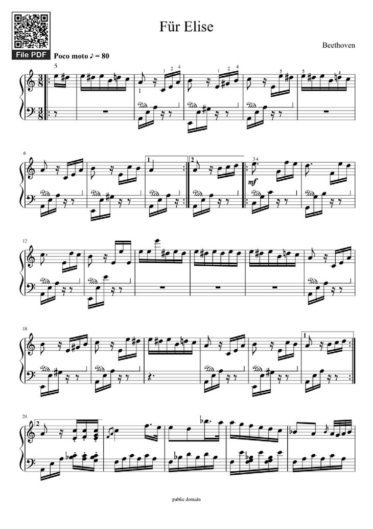 Page 1 of the piano sheet music PDF Piano - Für Elise Piano by Beethoven