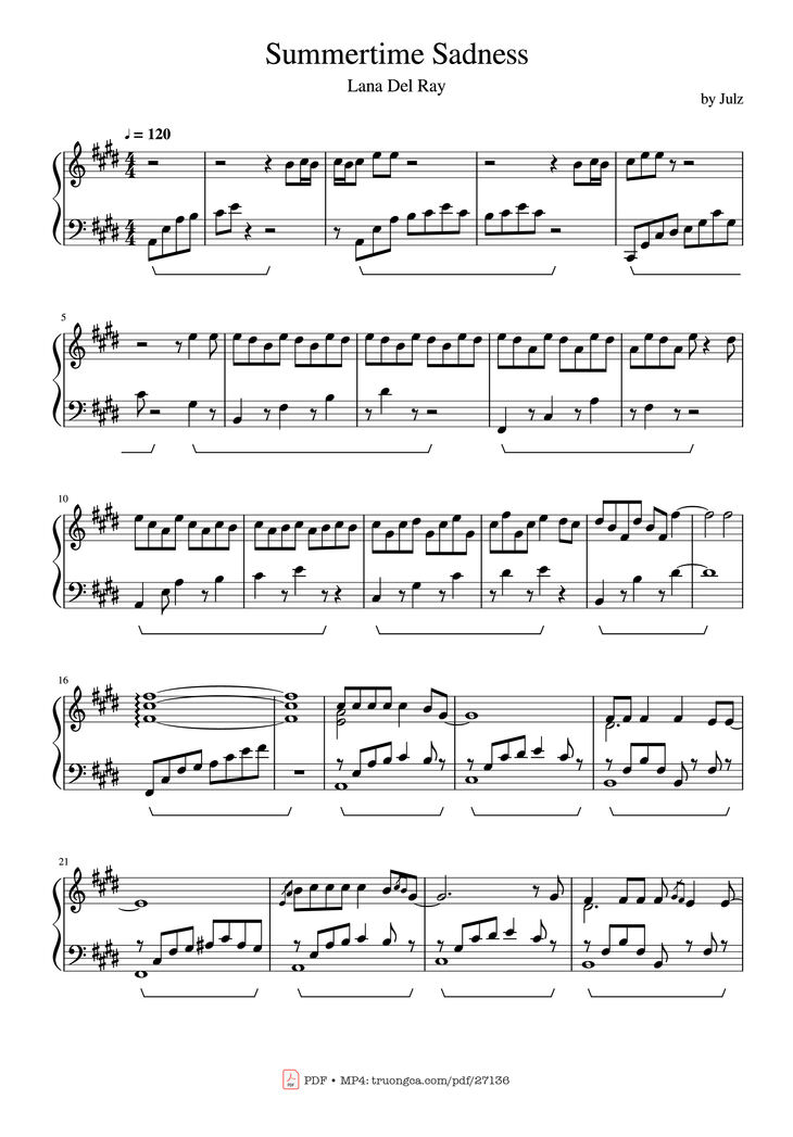 Page 1 of the piano sheet music PDF Piano - Summertime Sadness Piano by Lana Del Rey