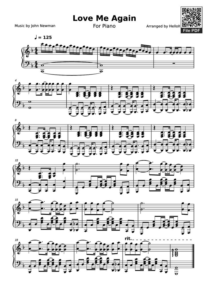 Page 1 of the piano sheet music PDF Piano - Love Me Again Piano by Arranged by HelloItsQuirky