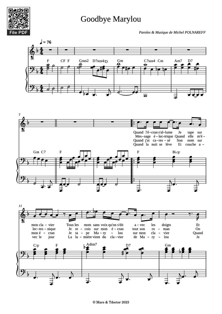 Page 1 of the piano sheet music PDF Piano - Goodbye Marylou Piano by Paroles & Musique de Michel POLNAREFF