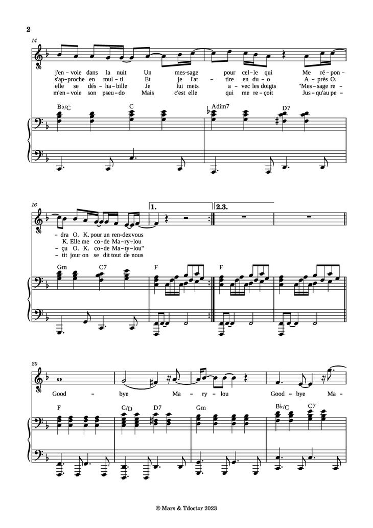 Page 2 of the piano sheet music PDF Piano - Goodbye Marylou Piano by Paroles & Musique de Michel POLNAREFF