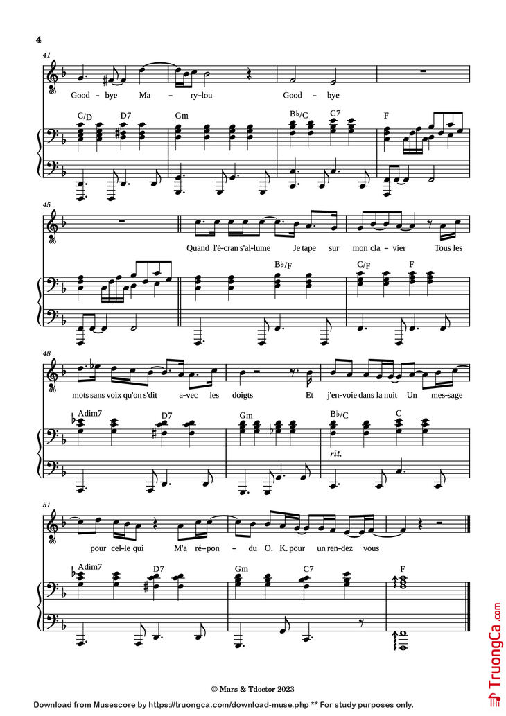 Page 4 of the piano sheet music PDF Piano - Goodbye Marylou Piano by Paroles & Musique de Michel POLNAREFF