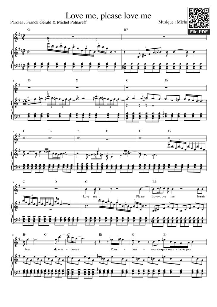 Page 1 of the piano sheet music PDF Piano - Love me, please love me Piano by Musique : Michel Polnareff