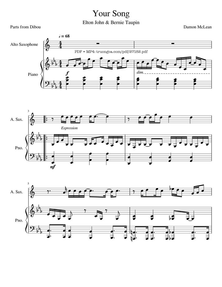 Page 1 of the piano sheet music PDF Piano - Your Song Piano by Damon McLean