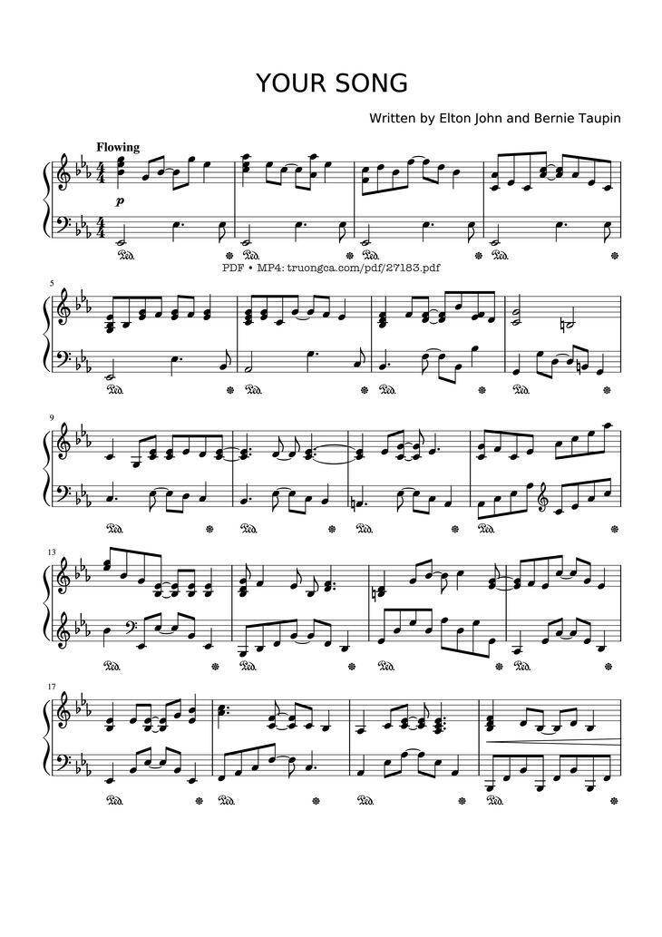 Page 1 of the piano sheet music PDF - YOUR SONG Piano by Written by Elton John and Bernie Taupin