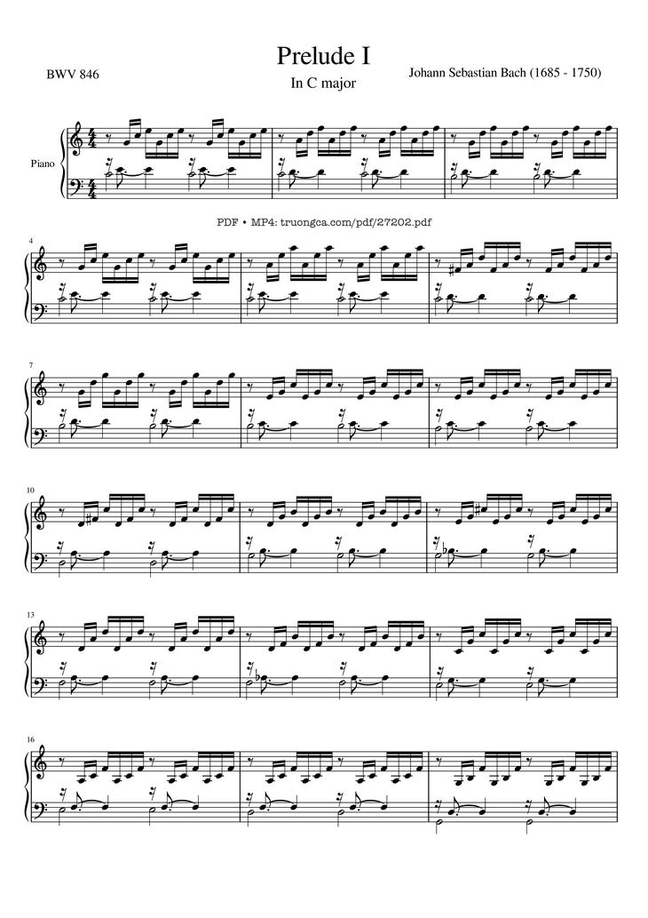 Page 1 of the piano sheet music PDF Piano - Prelude I in C major, BWV 846 - Well Tempered Clavier by Johann Sebastian Bach