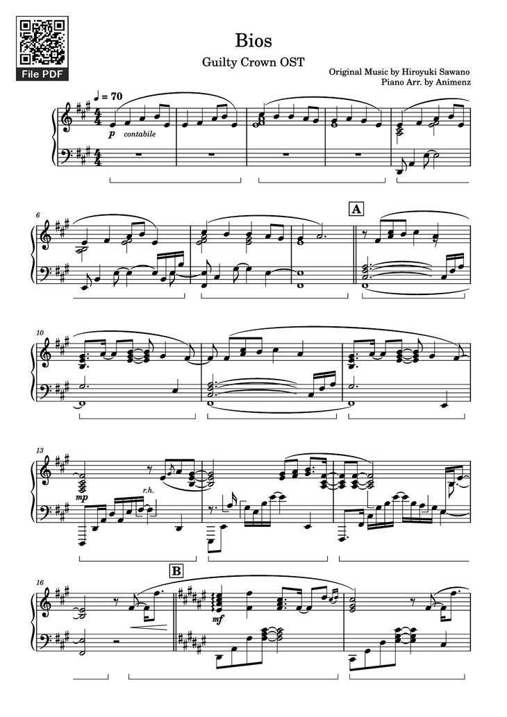 Page 1 of the piano sheet music PDF Piano - Bios Piano by Original Music by Hiroyuki Sawano