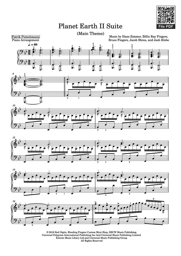 Page 1 of the piano sheet music PDF Piano - Planet Earth II Suite Piano by Music by Hans Zimmer, Billie Ray Fingers