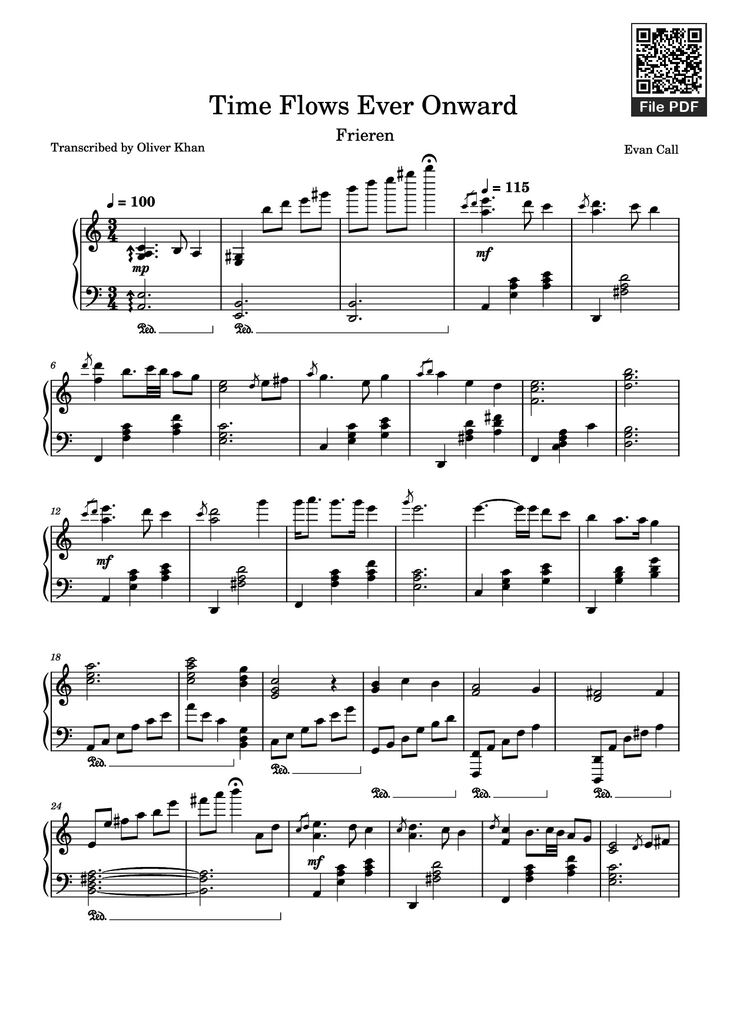 Page 1 of the piano sheet music PDF Piano - Time Flows Ever Onward Piano by Evan Call