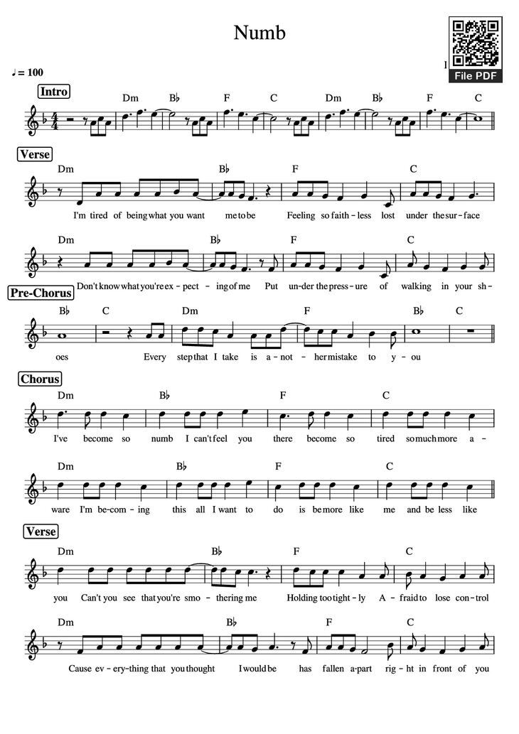 Page 1 of the piano sheet music PDF Piano - Numb Piano by Linkin Park