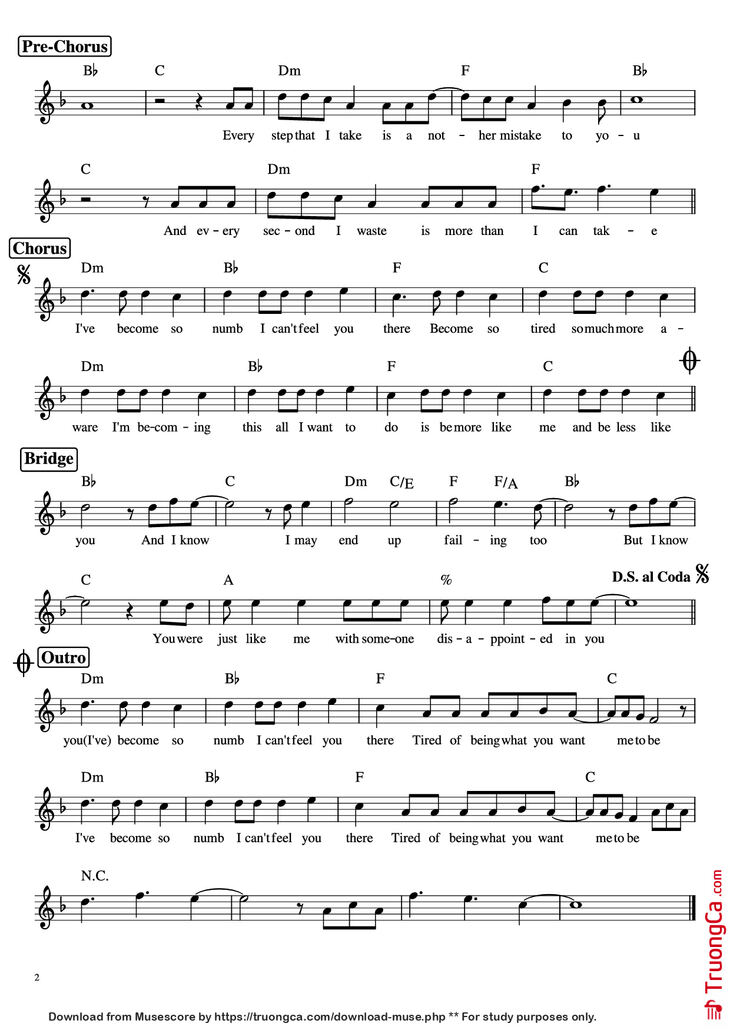 Page 2 of the piano sheet music PDF Piano - Numb Piano by Linkin Park