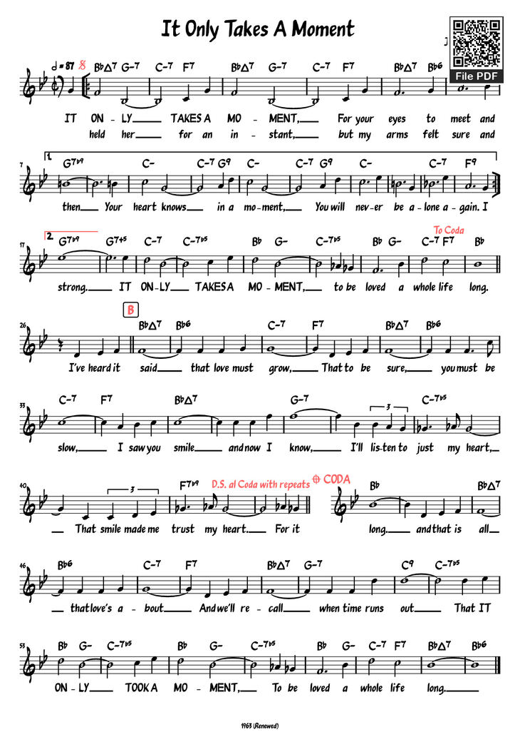 Page 1 of the piano sheet music PDF - It Only Takes A Moment Piano by Jerry Herman