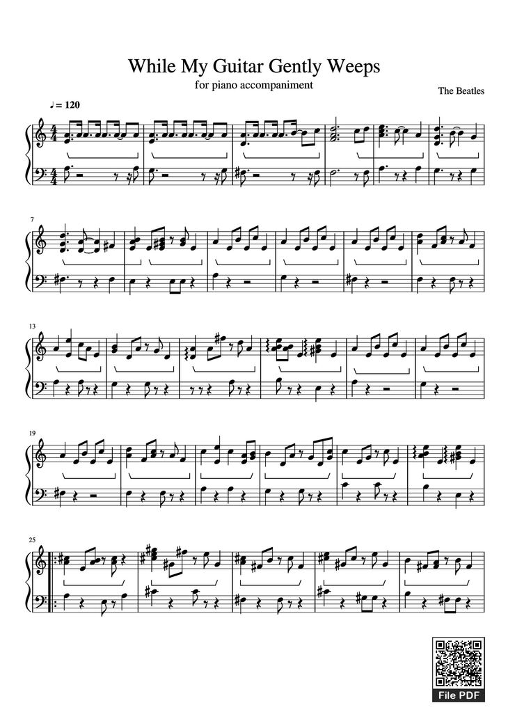Page 1 of the piano sheet music PDF Piano Guitar Tab - While My Guitar Gently Weeps Piano by The Beatles