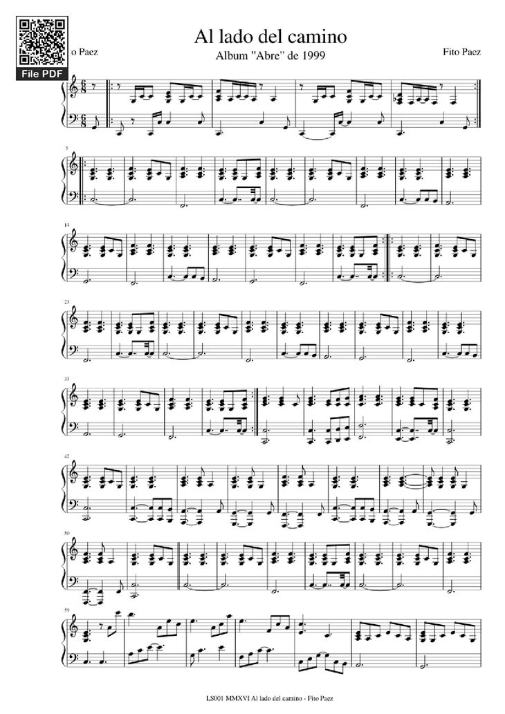 Page 1 of the piano sheet music PDF Piano - Al lado del camino Piano by Fito Paez