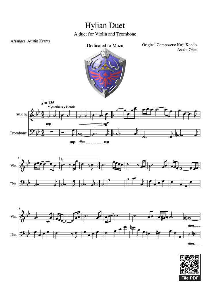 Page 1 of the piano sheet music PDF - Hylian Duet Violin by Original Composers: Koji Kondo