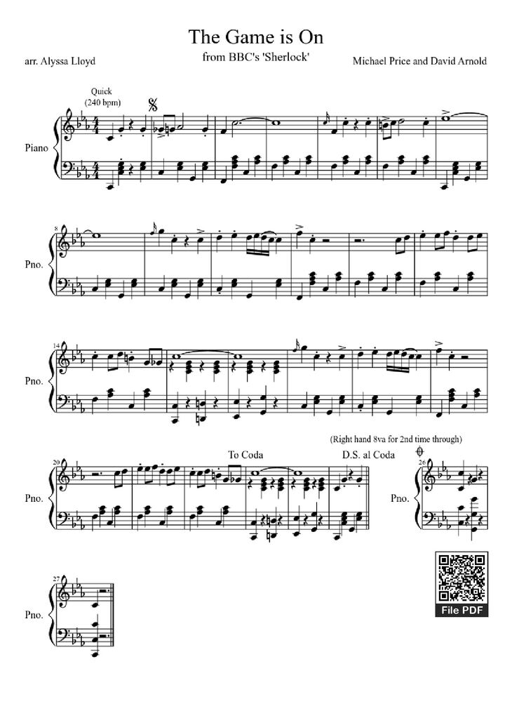 Page 1 of the piano sheet music PDF Piano - The Game is On Piano by Michael Price and David Arnold
