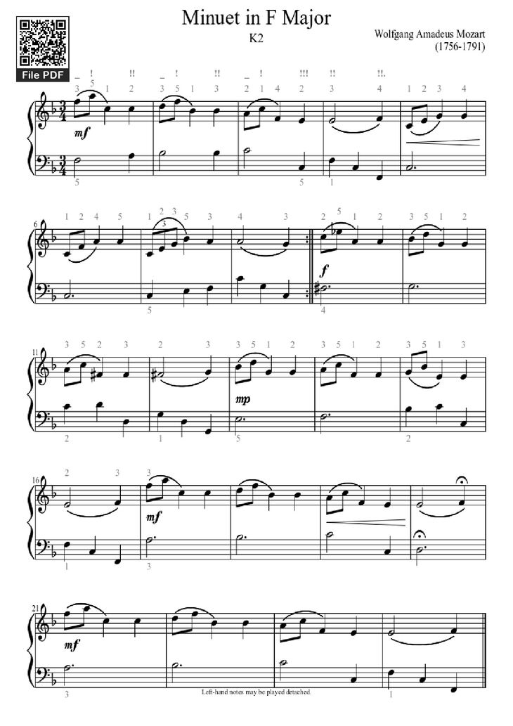 Page 1 of the piano sheet music PDF Piano - Minuet in F Major Piano by Wolfgang Amadeus Mozart