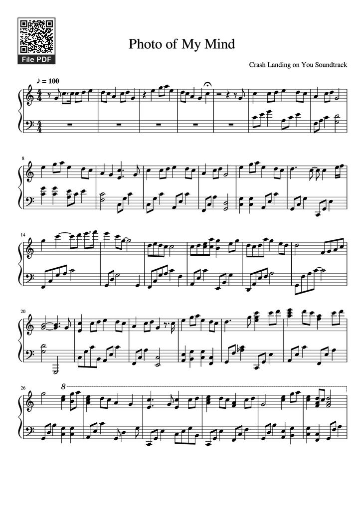 Page 1 of the piano sheet music PDF Piano - Photo of My Mind Piano by Crash Landing on You Soundtrack