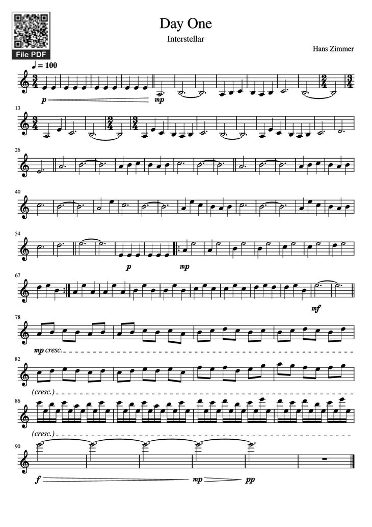 Page 1 of the piano sheet music PDF - Day One Violin by Hans Zimmer