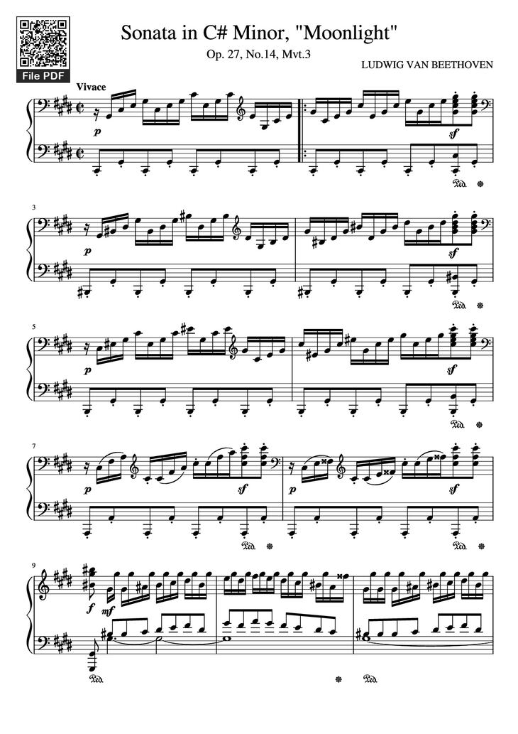 Page 1 of the piano sheet music PDF Piano - Sonata in C# Minor, Moonlight Piano by LUDWIG VAN BEETHOVEN
